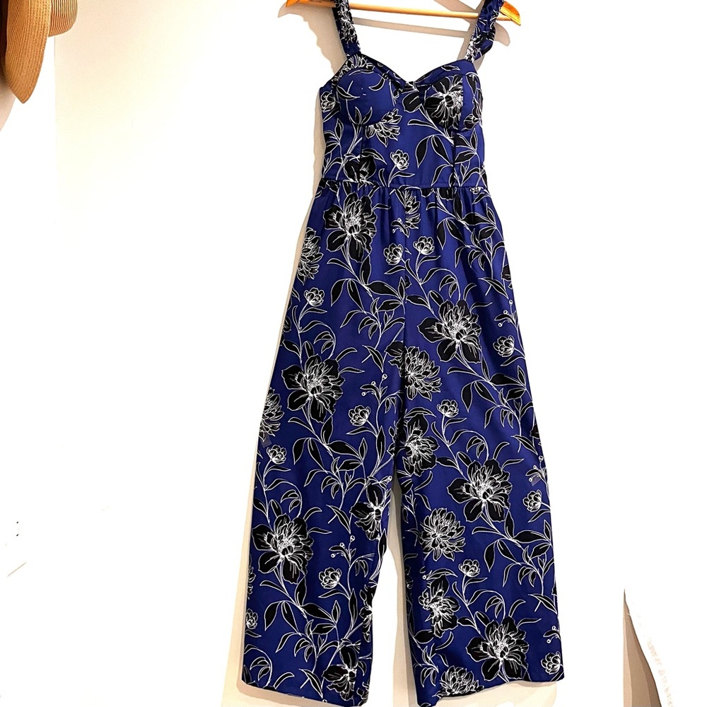 Band of the Free Corset Jumpsuit Medium Boho Wide Leg Padded Blue Black Floral